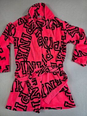 Victorias Secret Pink XS/S Fleece Robe Belted Long Sleeve Neon Pink Black Logo